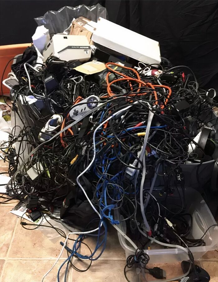 A chaotic tangle of cables and wires mismanaged by boyfriends or husbands.