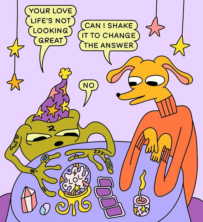 Humorous illustration by Nicole Zaridze showing a dog and a frog with a fortune crystal ball and tarot cards.