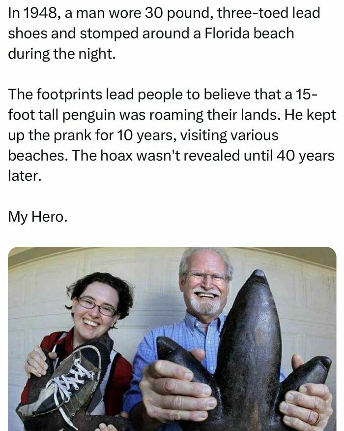 Two people holding giant three-toed lead shoes, depicting a classic men's humor prank from 1948.