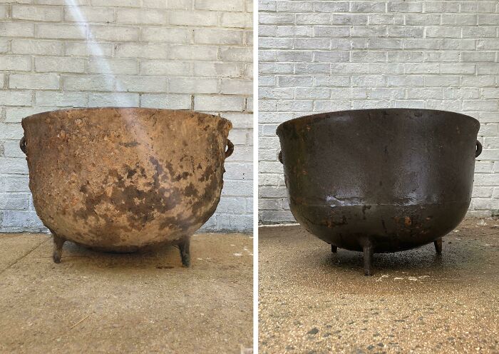Before and after cleaning pictures of an old iron pot against a brick wall, showing rust removal results.