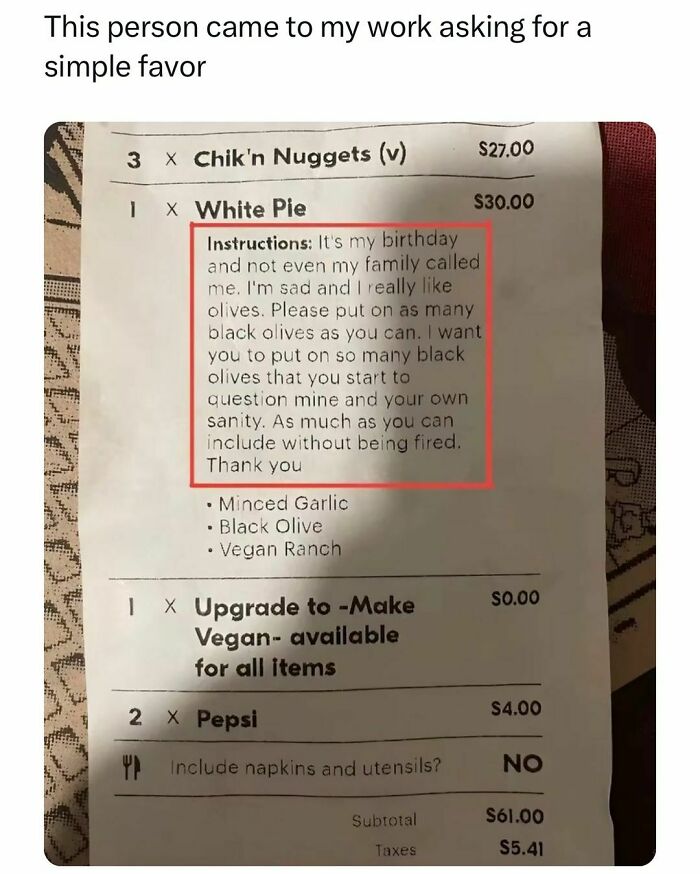 Receipt from a restaurant order with humorous birthday note about adding many olives, shared by College Confessions on Instagram.