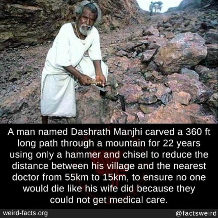 Man carving a mountain path with a hammer and chisel, illustrating a weird and random fact about persistence.