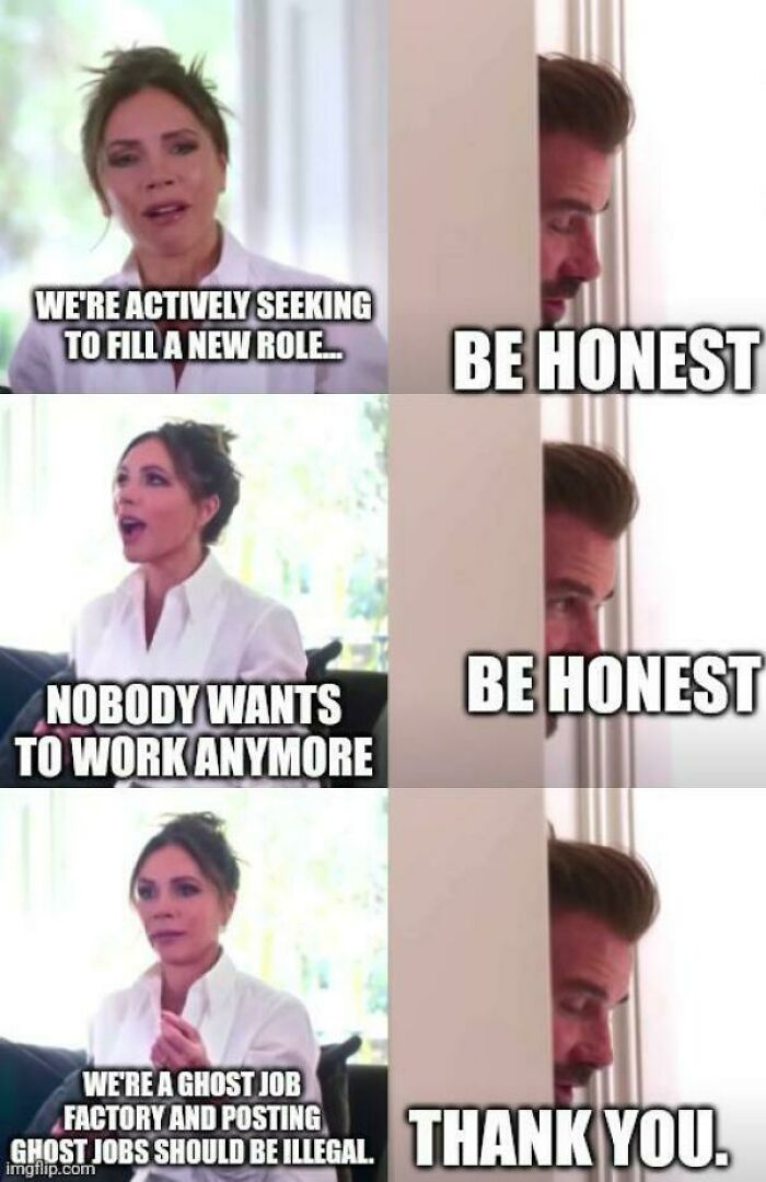 Recruiting hell meme: woman discussing job roles, man responding honestly, highlighting challenges in job market.