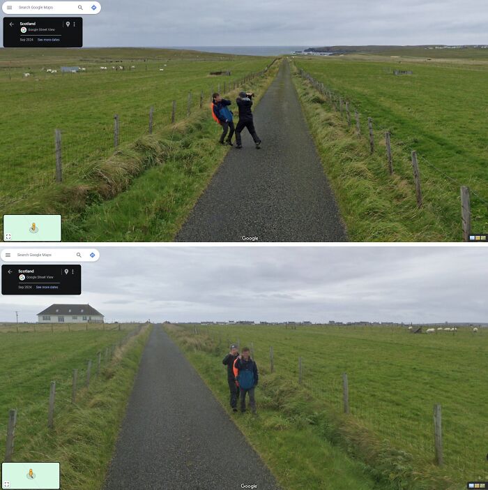Two people joking on a rural road, creating a funny scene captured on Google Street View.