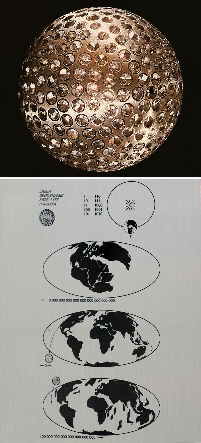 Historical time capsule representing the LAGEOS satellite with engraved world maps and numerical codes.