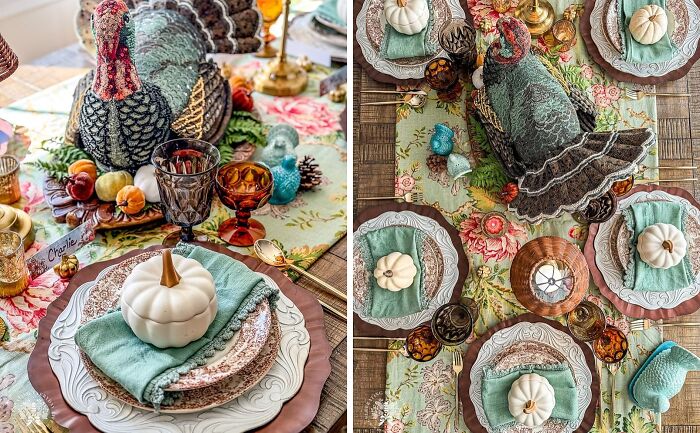 Thanksgiving home decor with colorful turkey centerpiece, elegant table setting, and autumn-themed accents.
