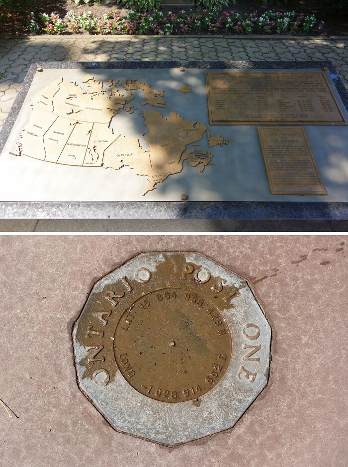 Historical time capsule plaque in Ontario with engraved map and coordinates.