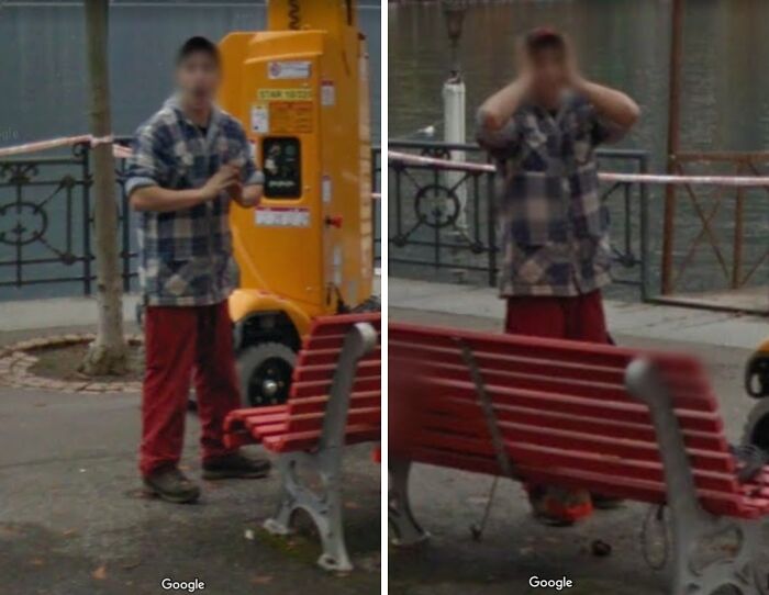 Person on Google Street View, in a plaid shirt and red pants, caught in a humorous and puzzling moment on a riverside path.