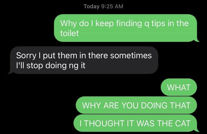 Text exchange about finding Q-tips in the toilet, highlighting weaponized incompetence.