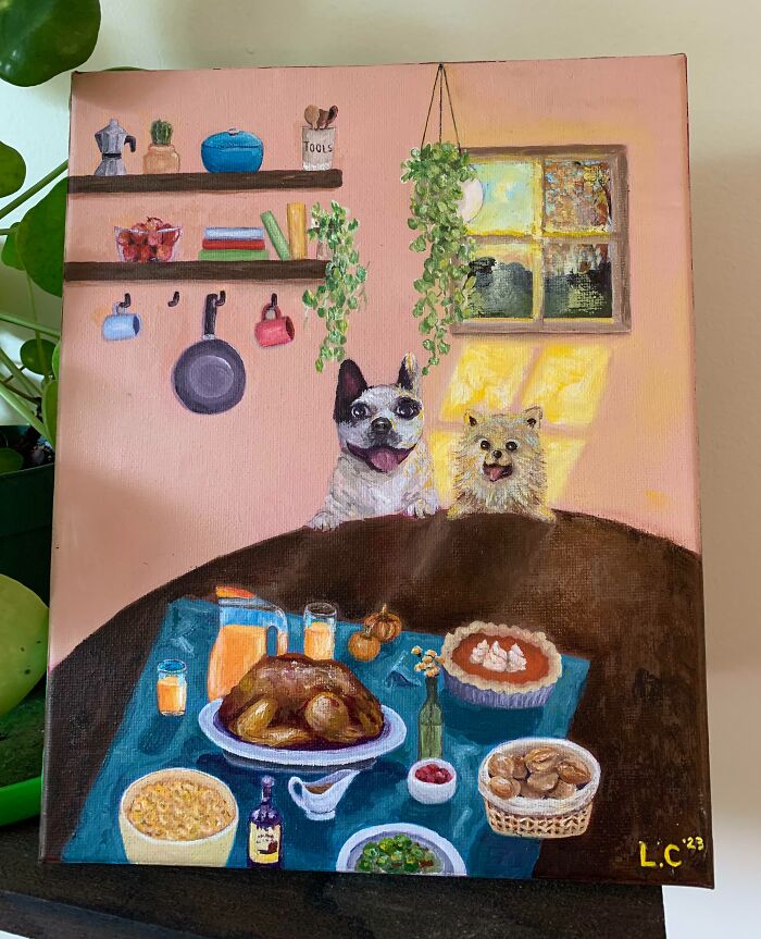 A painting of a Thanksgiving dinner with two happy dogs at the table, featuring turkey and pie in a cozy kitchen setting.
