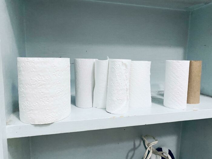 Toilet paper rolls on a shelf, representing the concept of weaponized incompetence in everyday tasks.