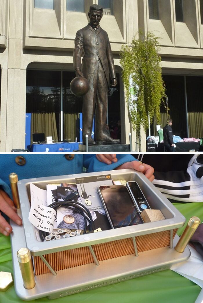 Statue outside a building and a historical time capsule containing photos and a phone, highlighting blasts from the past.