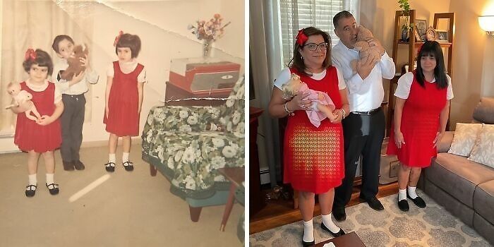 Vestiges of history: A family recreates a childhood photo, wearing matching red outfits and holding dolls.