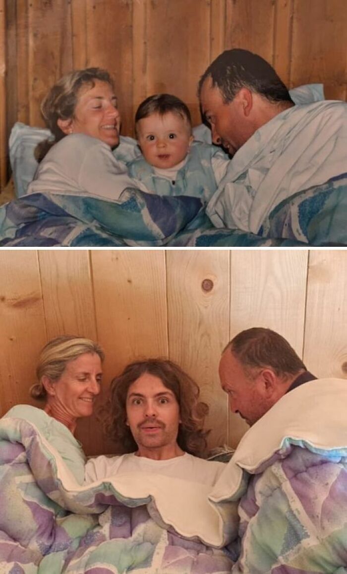 Vestiges of history: Family recreates childhood photo in bed, showing before and after transformation over years.