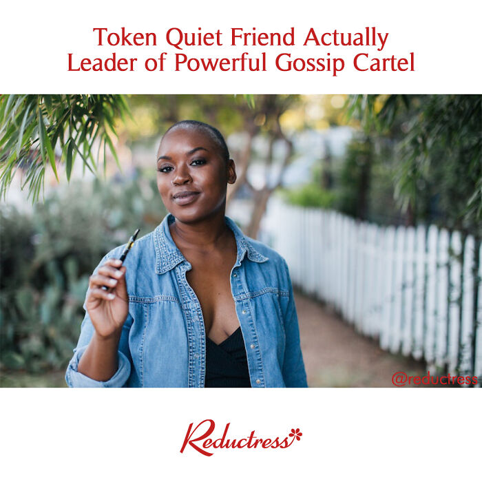 Smiling woman outdoors under headline humorously revealing she's a gossip leader, with "Reductress" branding below.