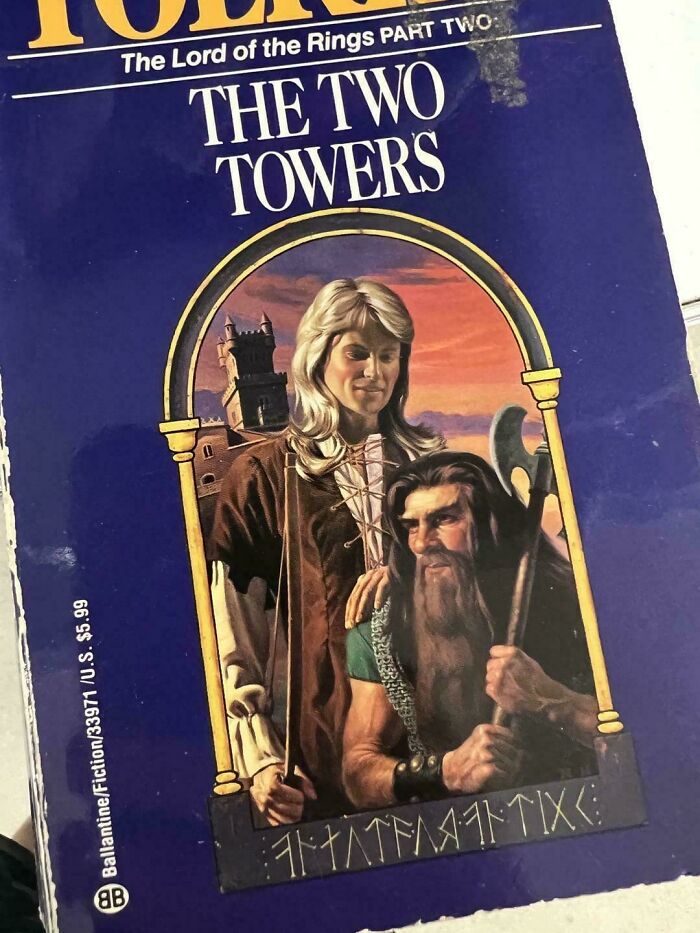 Terrible book cover of "The Two Towers" featuring unusual character illustrations.