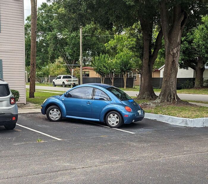 Blue car parked over two spaces, illustrating people being jerks in a parking lot.