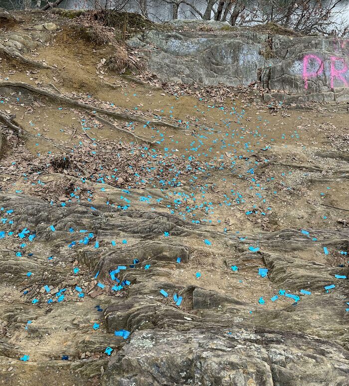 Scattered blue confetti on rocky ground, illustrating people being jerks by littering outdoors.