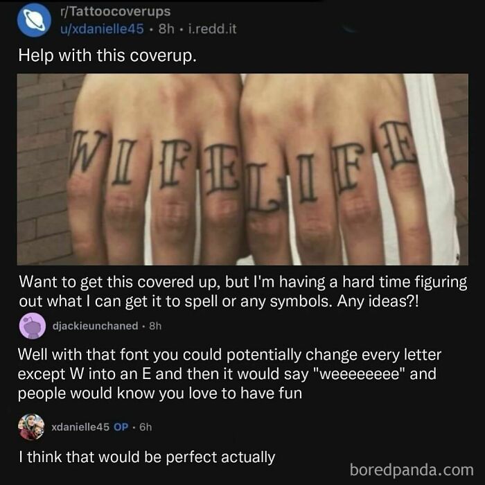 Avocado generation meme showing finger tattoos reading "WIFE LIFE" with comments suggesting a fun cover-up idea.