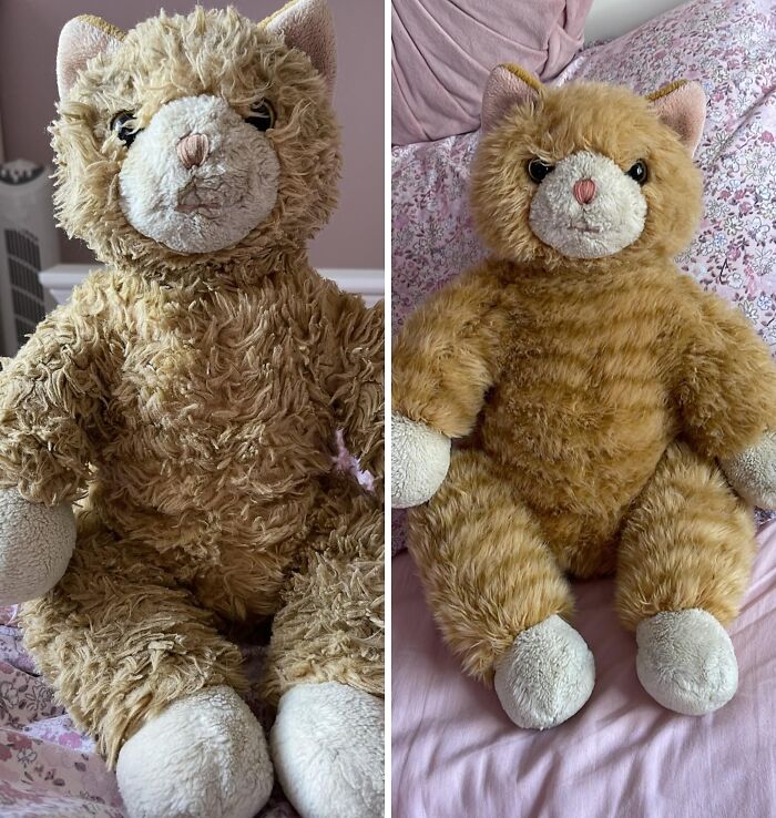 Before and after cleaning pictures of a stuffed cat, showing a transformation from dirty and matted to clean and fluffy.