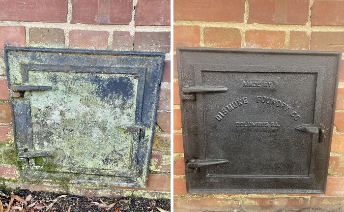 Before and after cleaning pictures of a metal door on a brick wall, showing significant transformation and removal of grime.