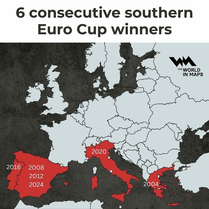 Map highlighting six consecutive southern Euro Cup winners in red.
