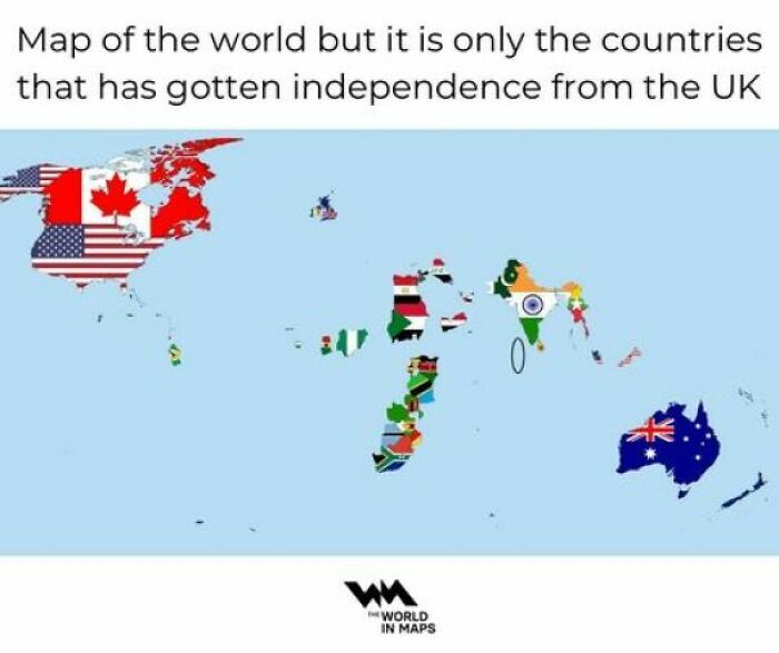Map showing countries that gained independence from the UK, with flags depicting each nation.
