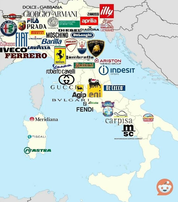 Map of Italy displaying logos of famous brands, showcasing regional origins, changing perspective on geography and industry.