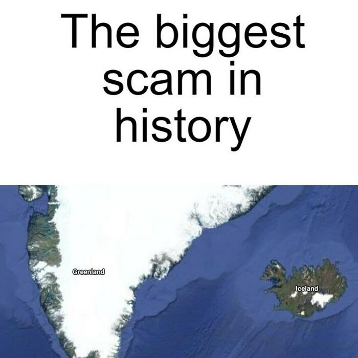 Map of Greenland and Iceland labeled as "The biggest scam in history," highlighting size misconception.