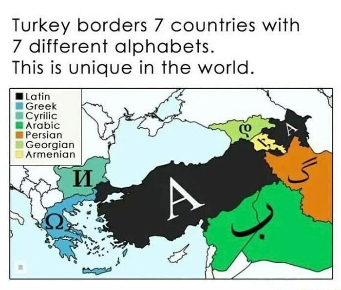 Map showing Turkey bordering seven countries with unique alphabets, highlighting geographical diversity.