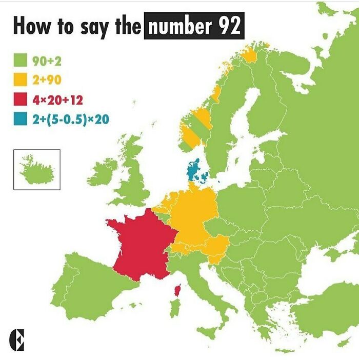 Map showing variations in saying "92" across Europe, highlighting linguistic differences in colorful regions.