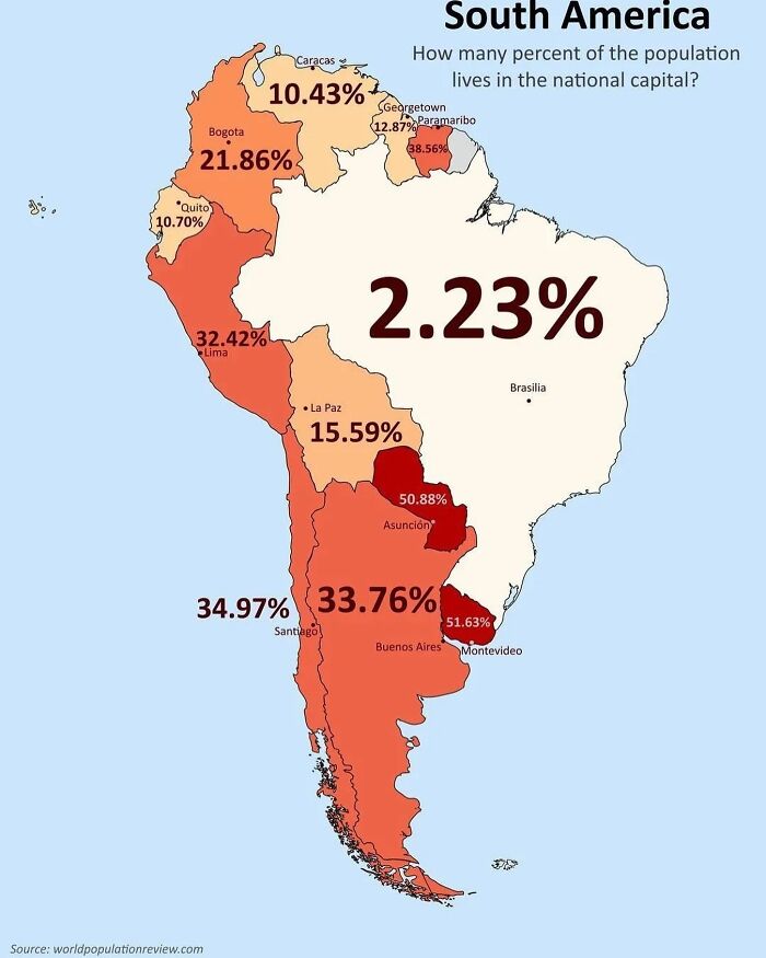 Map showing population percentages living in capitals across South America, highlighting varied urban concentrations.