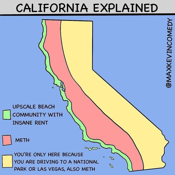 Map humorously explaining California with regions labeled by stereotypes.