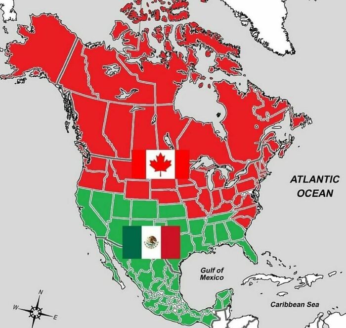 Informative map showing countries of North America with flags of Canada, USA, and Mexico.