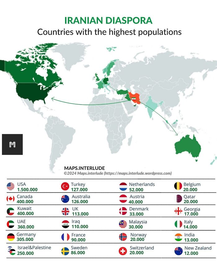 Map showing Iranian diaspora in countries with the highest populations, featuring the USA, Canada, and Germany prominently.