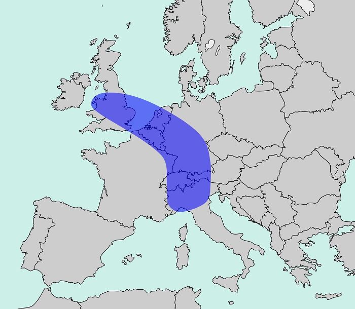 Map highlighting a blue zone covering parts of Europe, illustrating an informative perspective on geographical regions.