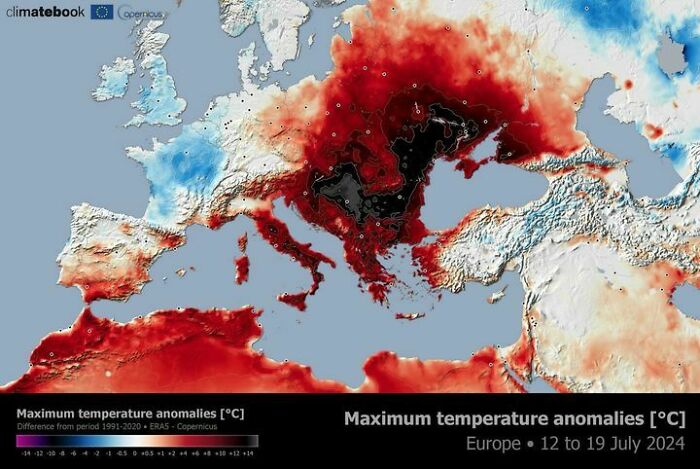 Map showing maximum temperature anomalies in Europe from July 12 to 19, 2024, highlighting climate variations.