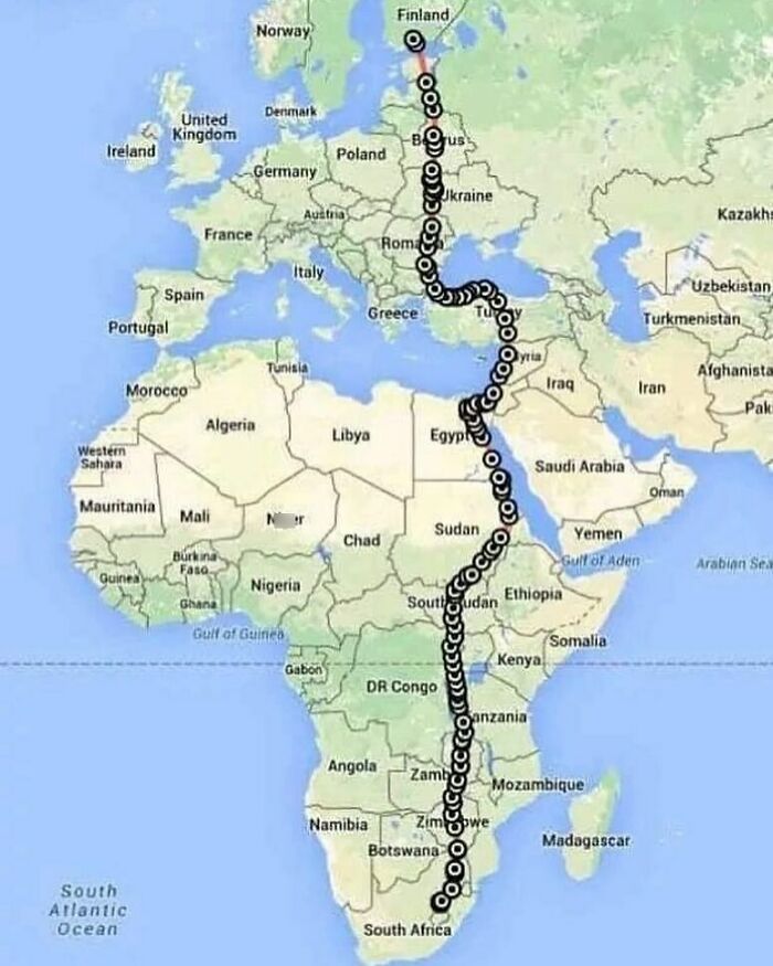 Map showing a continuous vertical line from Finland to South Africa, highlighting a unique perspective on geography.