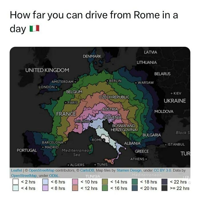 Map showing drive distances from Rome, highlighting regions reachable within various hours, changing travel perspective.