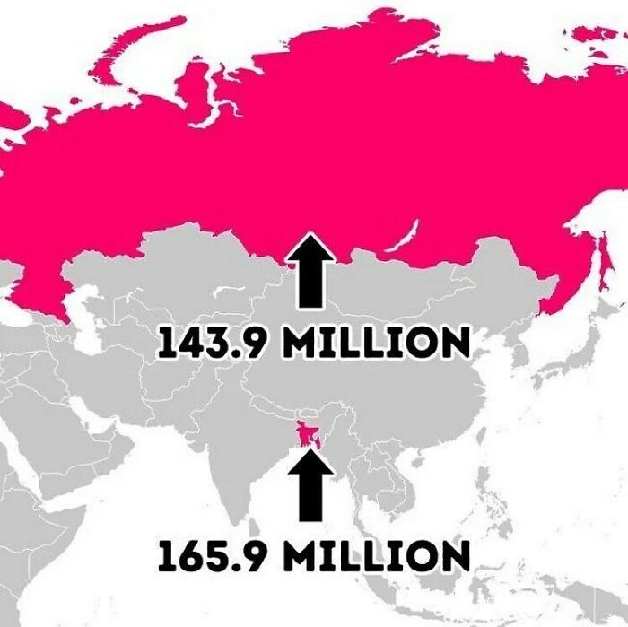 Map showing population comparison: Russia with 143.9 million and Bangladesh with 165.9 million, highlighting informative data.