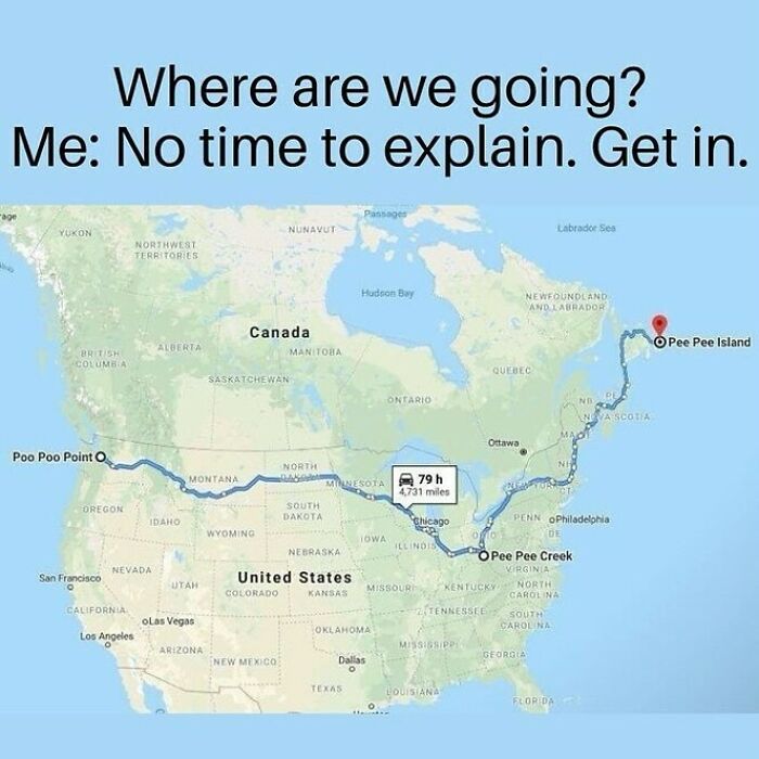 Map route from P*o P*o Point to Pee Pee Island, highlighting a whimsical travel perspective.