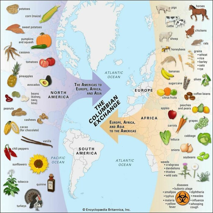 Map illustrating the Columbian Exchange, showing crops and animals exchanged between the Americas, Europe, Africa, and Asia.