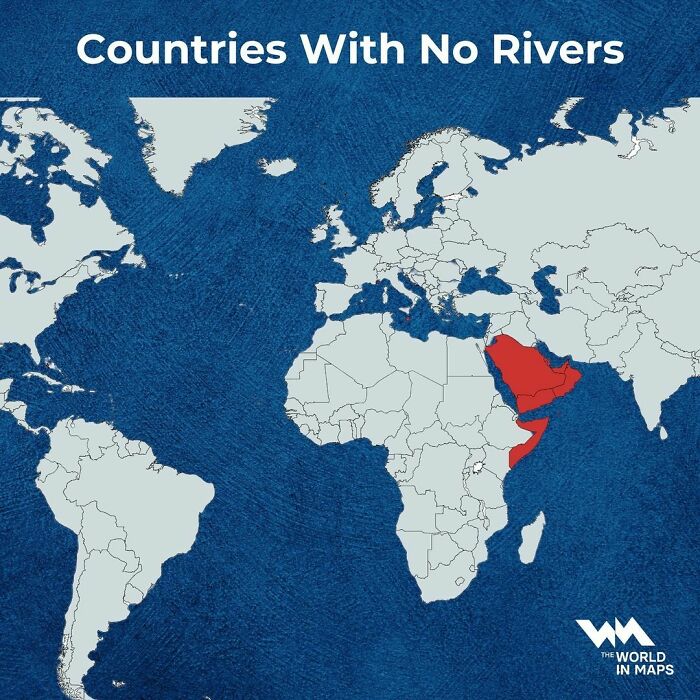 Map showing countries without rivers, highlighting regions in red, changing perspective on geographical features.