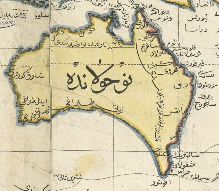 Antique map of Australia with Arabic script, showcasing historical cartography insights.