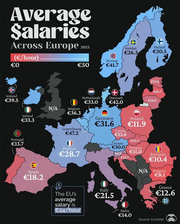 Map showing average salaries across Europe in 2023, highlighting differences in hourly wages between countries.