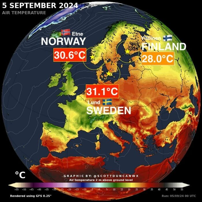 Map showing high September 2024 air temperatures in Norway, Sweden, and Finland, highlighting climate changes.