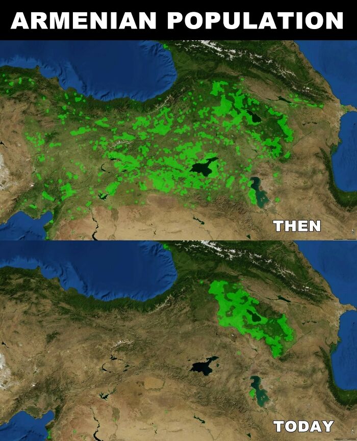 Armenian population map showing changes over time in highlighted green areas.