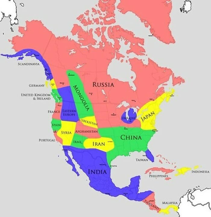 Color-coded map of North America with country names from other continents for perspective-changing insight.