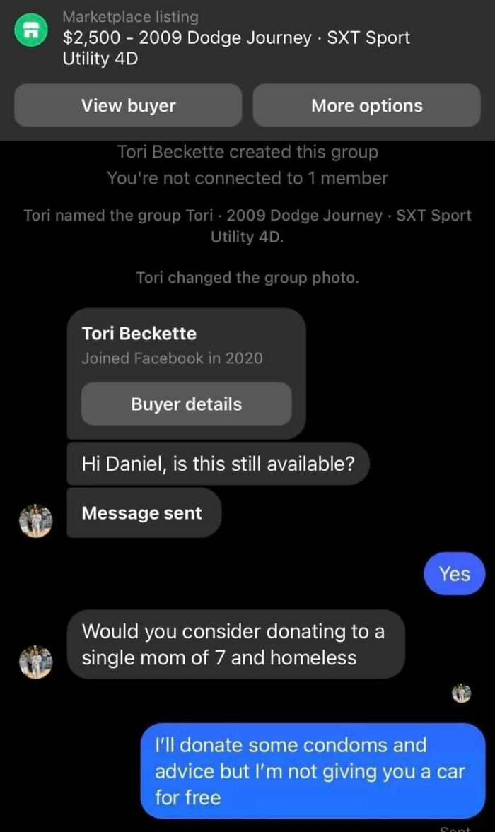 Facebook Marketplace weird interaction about donating a car.
