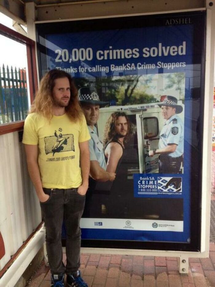 Man in yellow shirt stands next to uncanny doppelganger on BankSA Crime Stoppers poster.